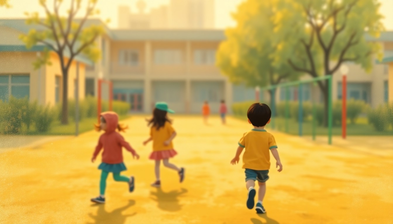 An impressionistic, out-of-focus photograph of children playing on a school playground, with soft, warm colors and a dreamlike quality, conceptually representing the community-focused nature of the school district's rezoning plans.
