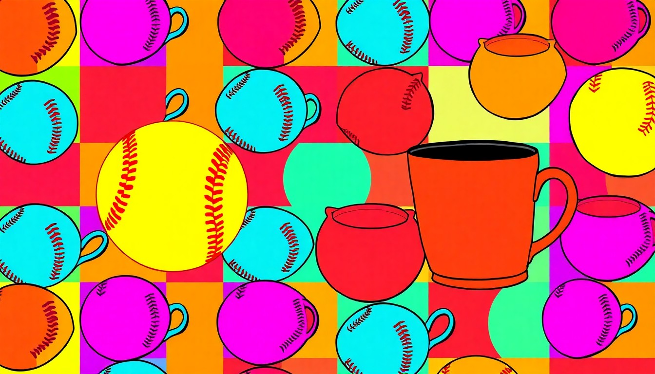 A high-contrast, silkscreen-style grid of a single, recognizable everyday object such as a baseball, wedding ring, or teacup, rendered in a bold, neon color palette that transforms the mundane into modern pop art.
