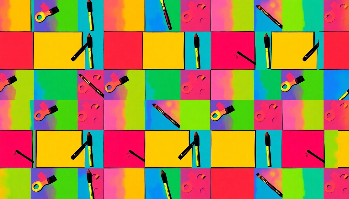 A brightly colored, high-contrast silkscreen print featuring a repeating grid of paintbrushes, paint palettes, and canvases in vibrant neon hues, conceptually representing the creative energy and DIY spirit of a community art event.