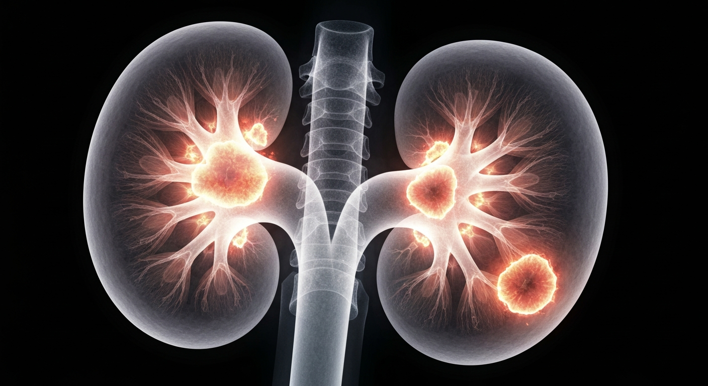 A detailed, translucent X-ray image of a human kidney, with areas of damage and scarring visible, conceptually representing the impact of focal segmental glomerulosclerosis on the organ.