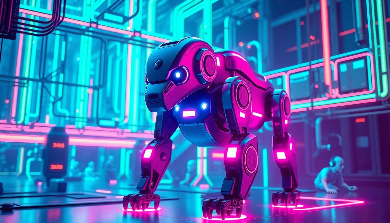 A highly detailed, glowing 3D illustration of the Boston Dynamics Spot robot surrounded by a network of pulsing, neon-lit cybernetic components and infrastructure, conceptually representing the integration of advanced AI capabilities.