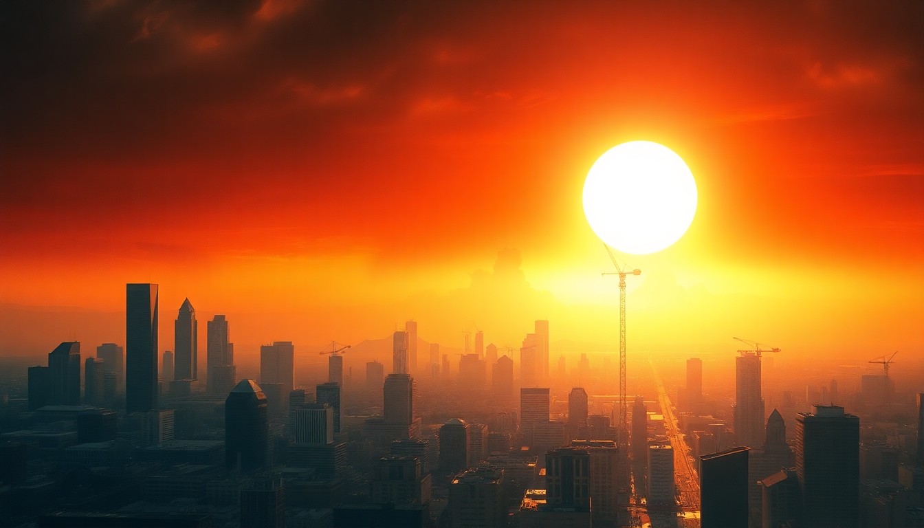 A vast, atmospheric landscape painting depicting the Atlanta skyline under a blazing, hazy sun, with the city's structures and workers dwarfed by the overwhelming scale of the natural environment.
