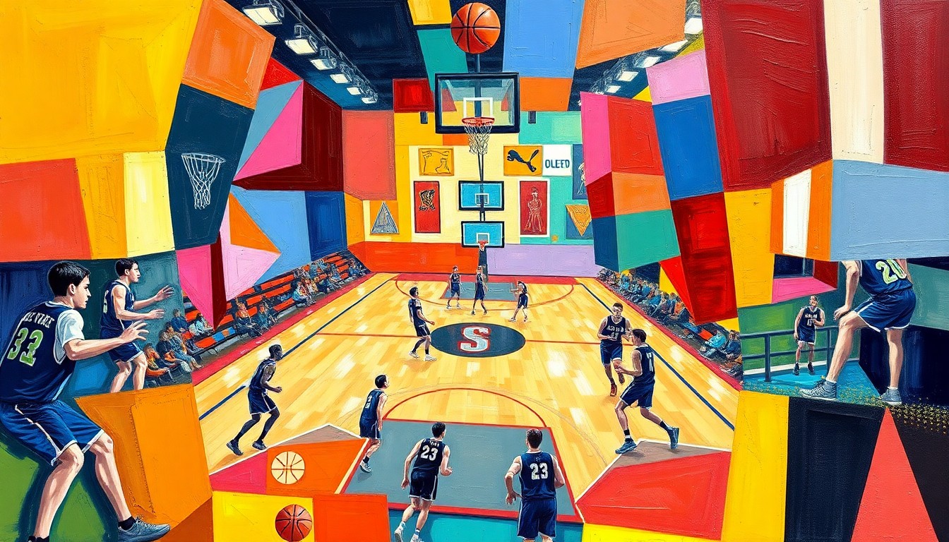 A cubist, geometric painting depicting the dynamic action of a high school basketball game, with fragmented shapes and planes of color representing the players and court.