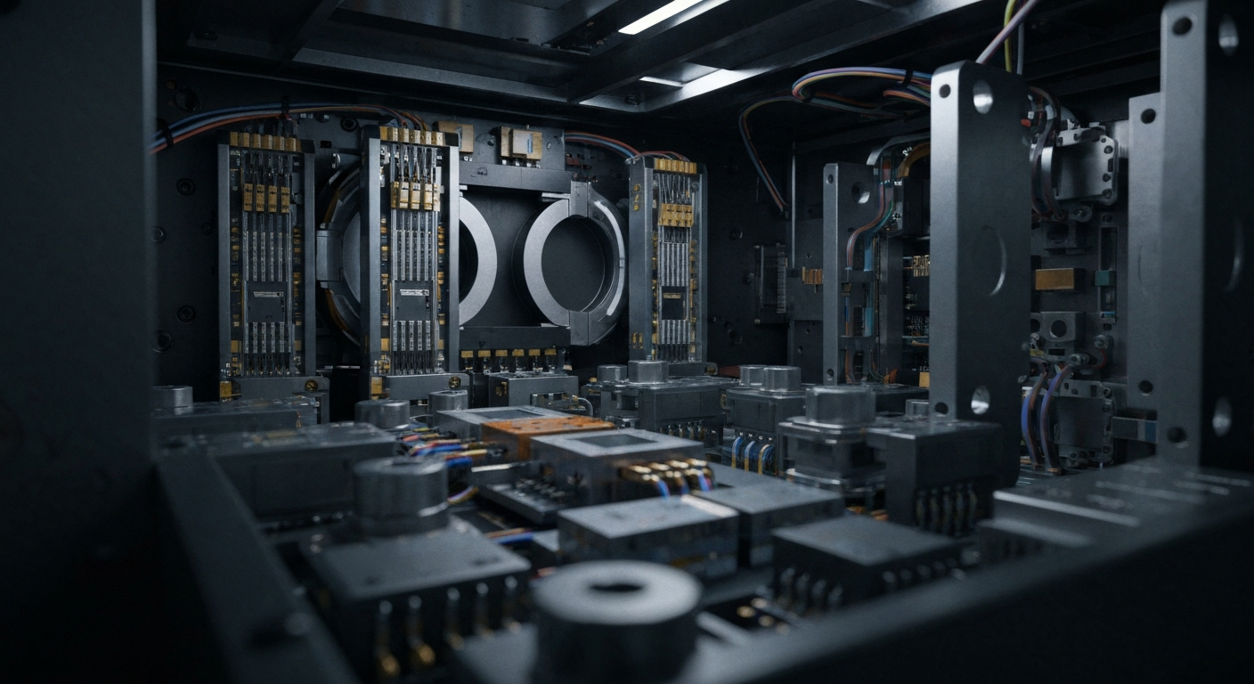 An extreme close-up of the intricate, metallic components and circuitry inside a high-tech optical networking device, conveying the complex, industrial nature of Lumentum's business.