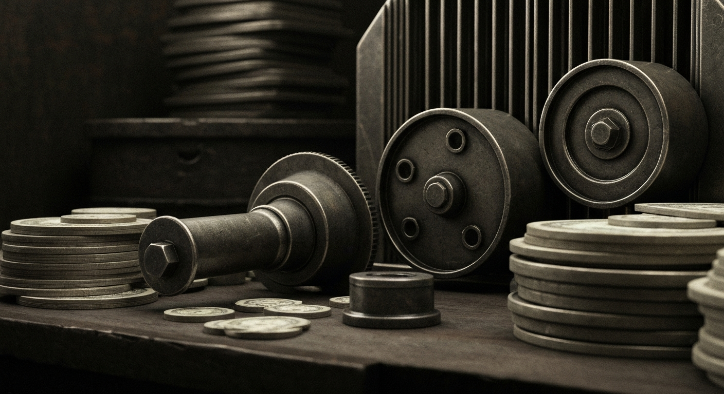 An extreme close-up of gears, levers, and other mechanical components of a financial trading system, conveying the technical complexity and institutional nature of the Robinhood platform.