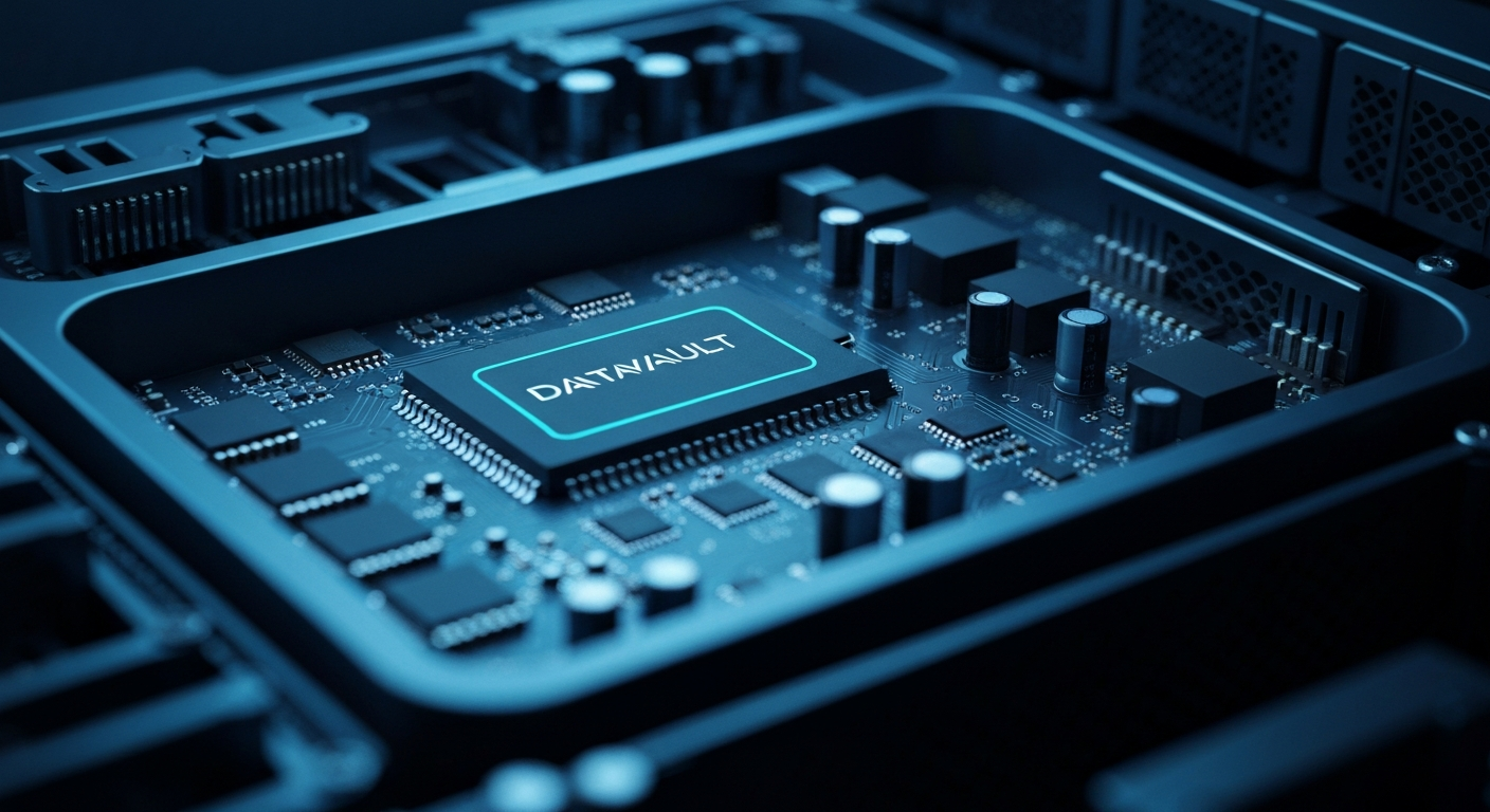 An extreme close-up of the intricate internal components and circuitry of a high-performance data server, conveying the technical sophistication and industrial scale of Datavault AI's data infrastructure.
