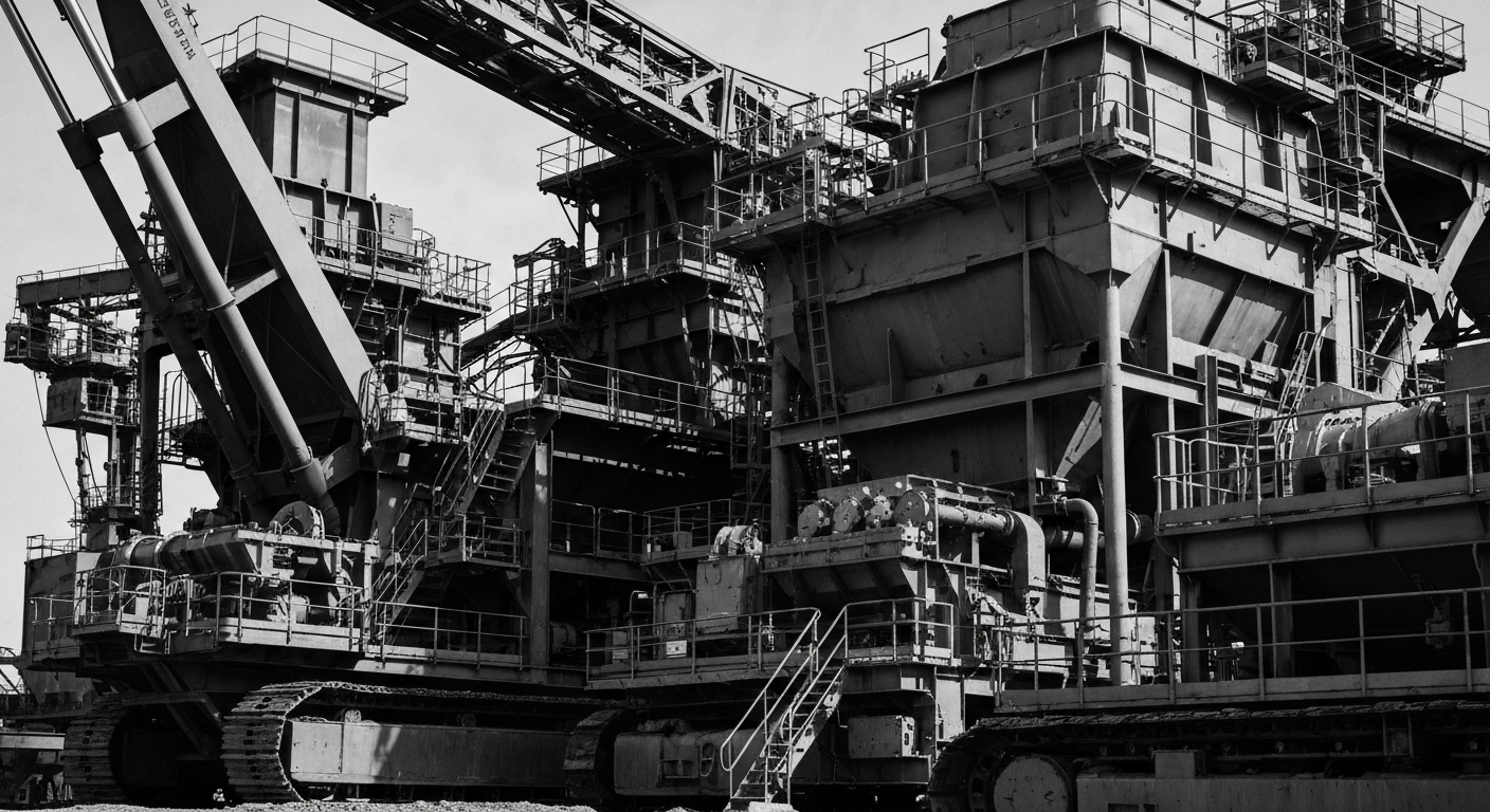 A high-contrast, black-and-white close-up image of heavy industrial mining equipment, conveying the scale and complexity of extracting and processing critical minerals.