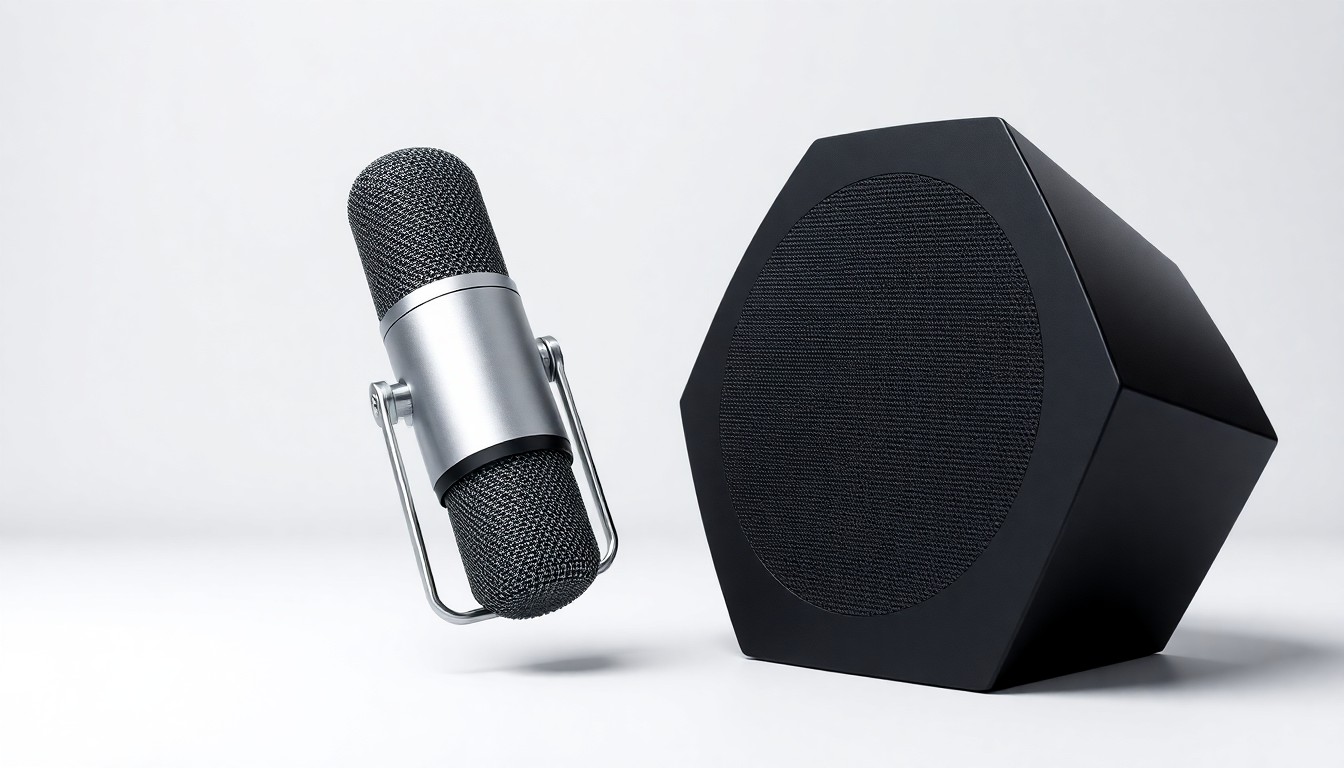A photorealistic studio still life featuring a sleek, metallic microphone and a smooth, geometric speaker in shades of silver and black, floating on a clean, monochromatic background, conceptually representing the advanced voice AI technology powering SoundHound's platform.