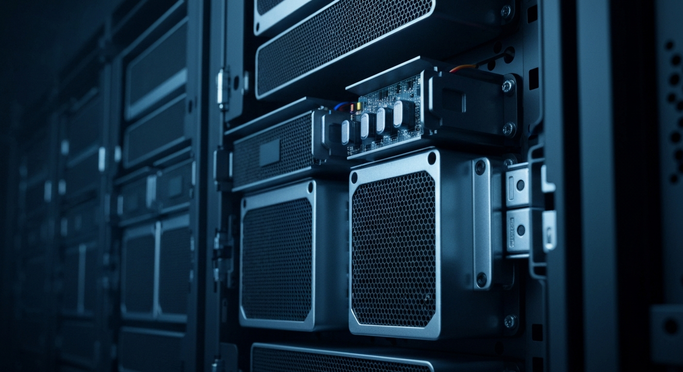 An extreme close-up of the intricate metal and circuit board components of a high-density server rack, conveying the scale and complexity of the computing power that enables Alphabet's digital services.