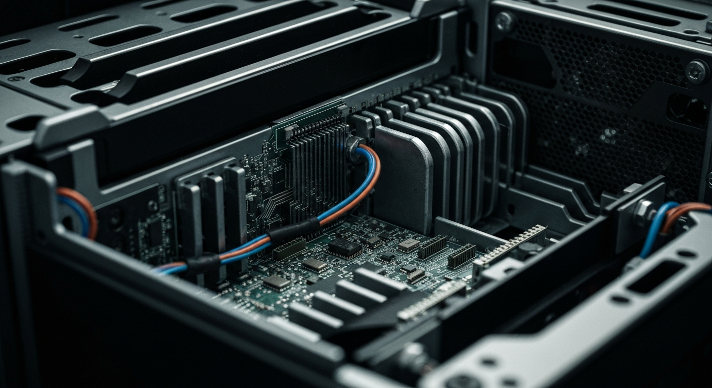 An extreme close-up of the intricate inner workings and components of a powerful computer server, captured in a dramatic, high-contrast black-and-white style that emphasizes the server's physical, industrial nature as a metaphor for the technology's vital role in the modern digital economy.