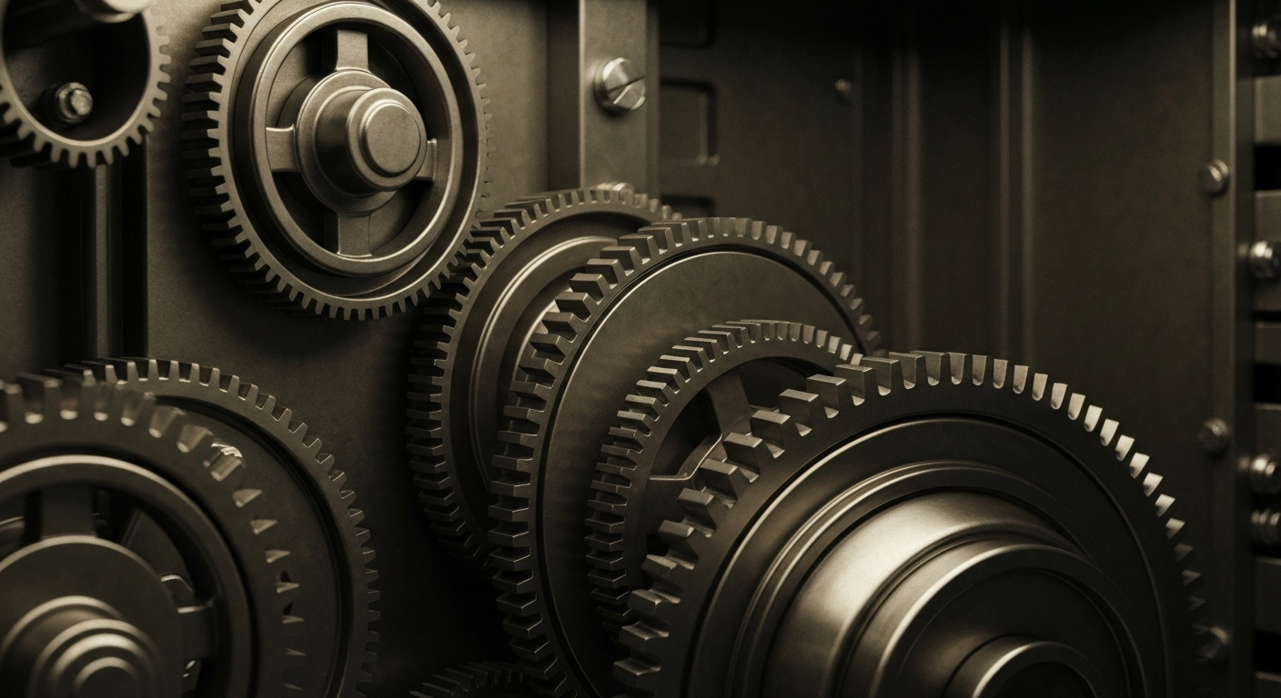 An extreme close-up of the complex, interlocking mechanisms inside a bank vault, conveying a sense of institutional financial power and security.