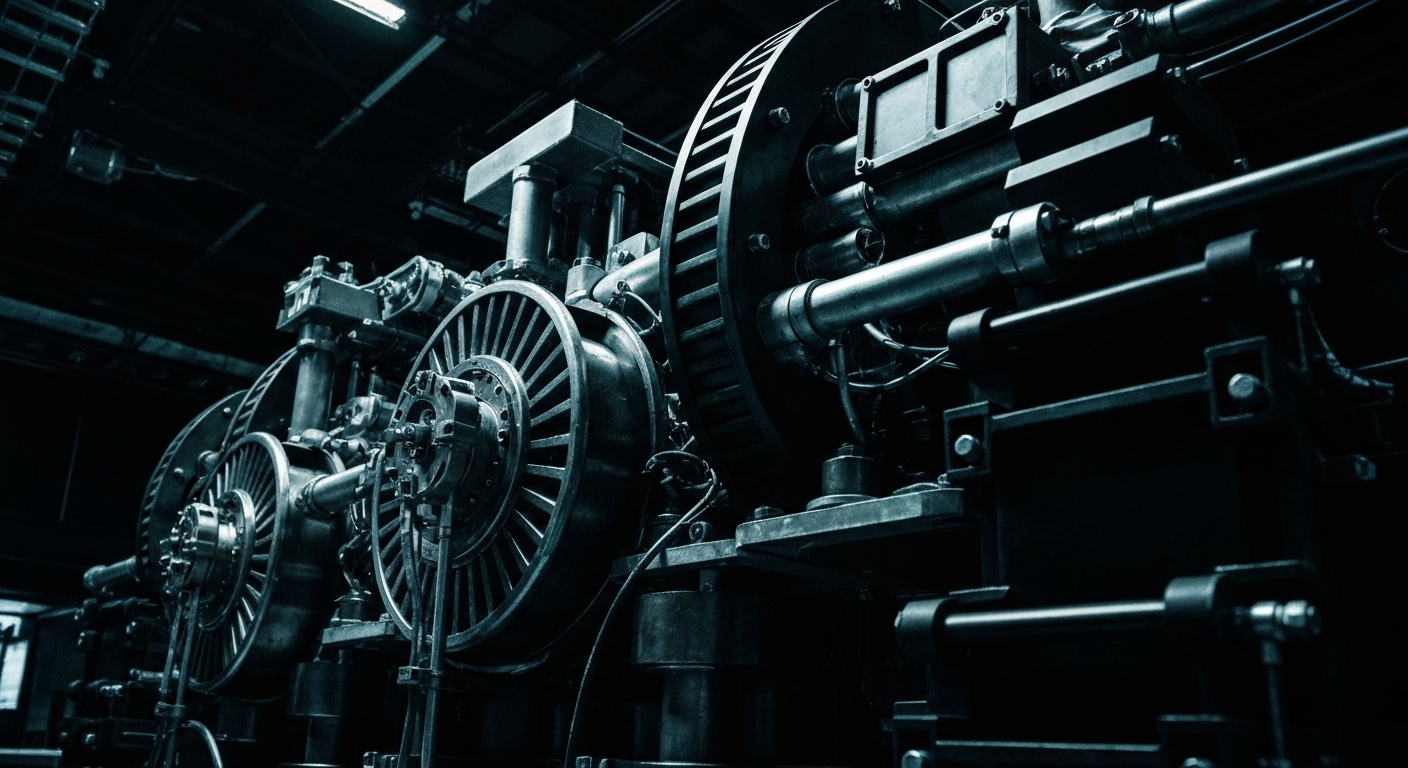 An extreme close-up of the complex machinery and circuitry powering Sphere Entertainment's immersive venues, conveying a sense of the company's technological sophistication and engineering expertise.