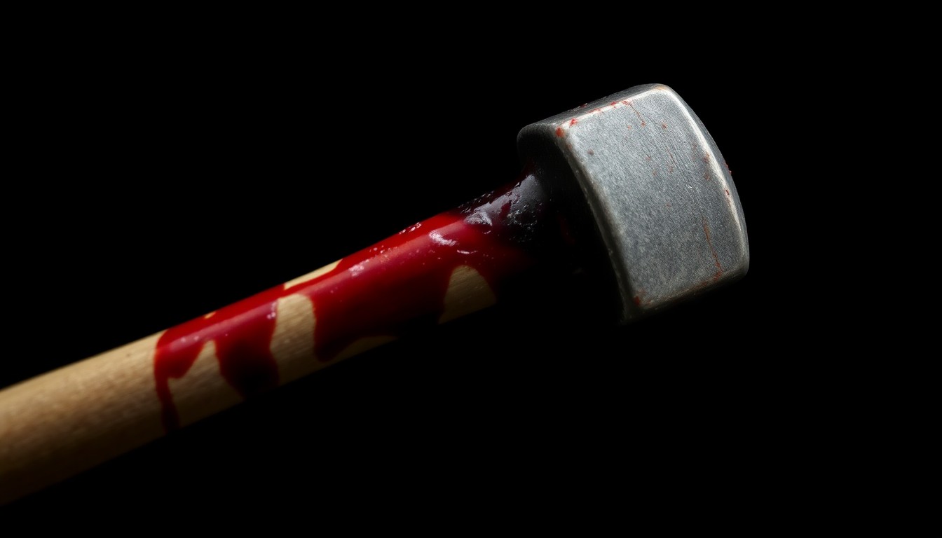 An extreme close-up photograph of a bloodied hammer against a stark, black background, conveying the gritty, investigative nature of this violent crime.