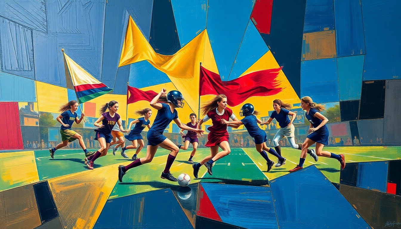 A cubist, geometric painting depicting a fragmented girls flag football game, with sharp planes of navy, gold, and red colors overlapping to capture the dynamic movement and energy of the sport.