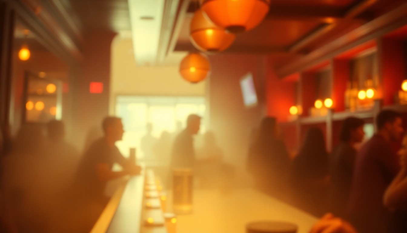A dreamy, abstracted scene of a dimly lit bar interior, with blurred shapes and figures representing the energy and conviviality of the now-shuttered establishments.