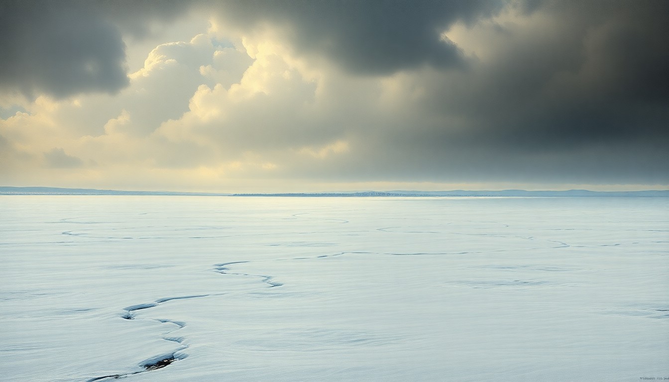 A vast, frozen landscape painting in muted tones of blue, gray, and white, with a small town or village barely visible in the distance, conveying the overwhelming scale and power of the natural world.