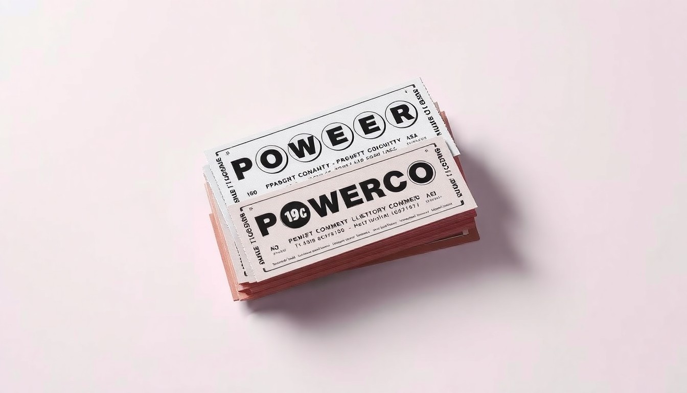 A high-end, photorealistic studio still-life photograph featuring a stack of glossy, premium Powerball lottery tickets arranged elegantly on a clean, monochromatic background, conceptually representing the abstract ideas of risk, strategy, and the pursuit of wealth.