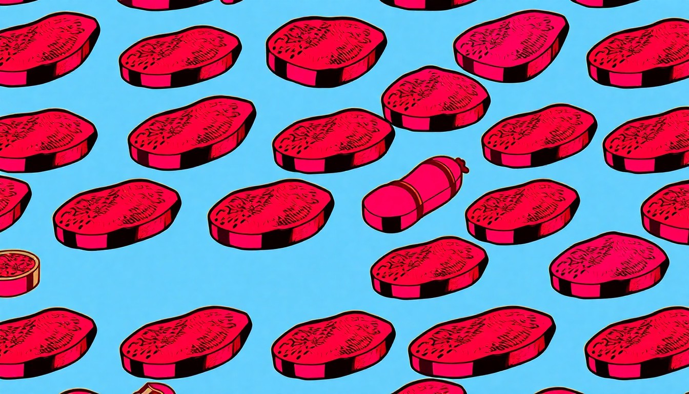 A highly stylized, abstract grid of brightly colored meat products in neon shades of red, yellow, and blue, conceptually representing the University of Idaho's investment in cutting-edge meat science research and education.