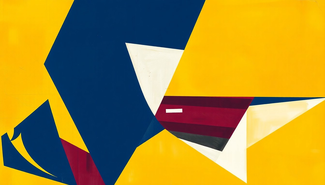 A cubist, geometric painting depicting the dynamic action of a high school softball game, with the players' movements and the field of play broken down into overlapping planes of navy blue, gold, maroon, and white.