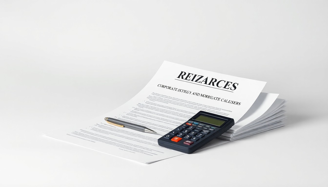 A minimalist, photorealistic studio still life featuring a stack of mortgage documents, a pen, and a calculator arranged on a clean, monochromatic background, conceptually representing the abstract financial strategies and risk management in the mortgage industry.