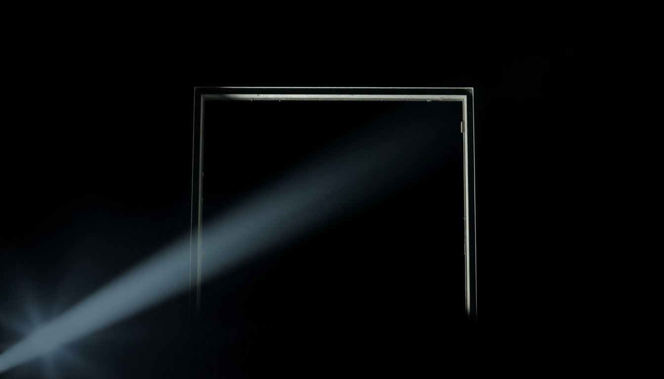 An extreme close-up of an impact window frame, its metallic edges and glass surface dramatically lit to create a stark, gritty visual that conceptually represents the theft of these important home safety products.