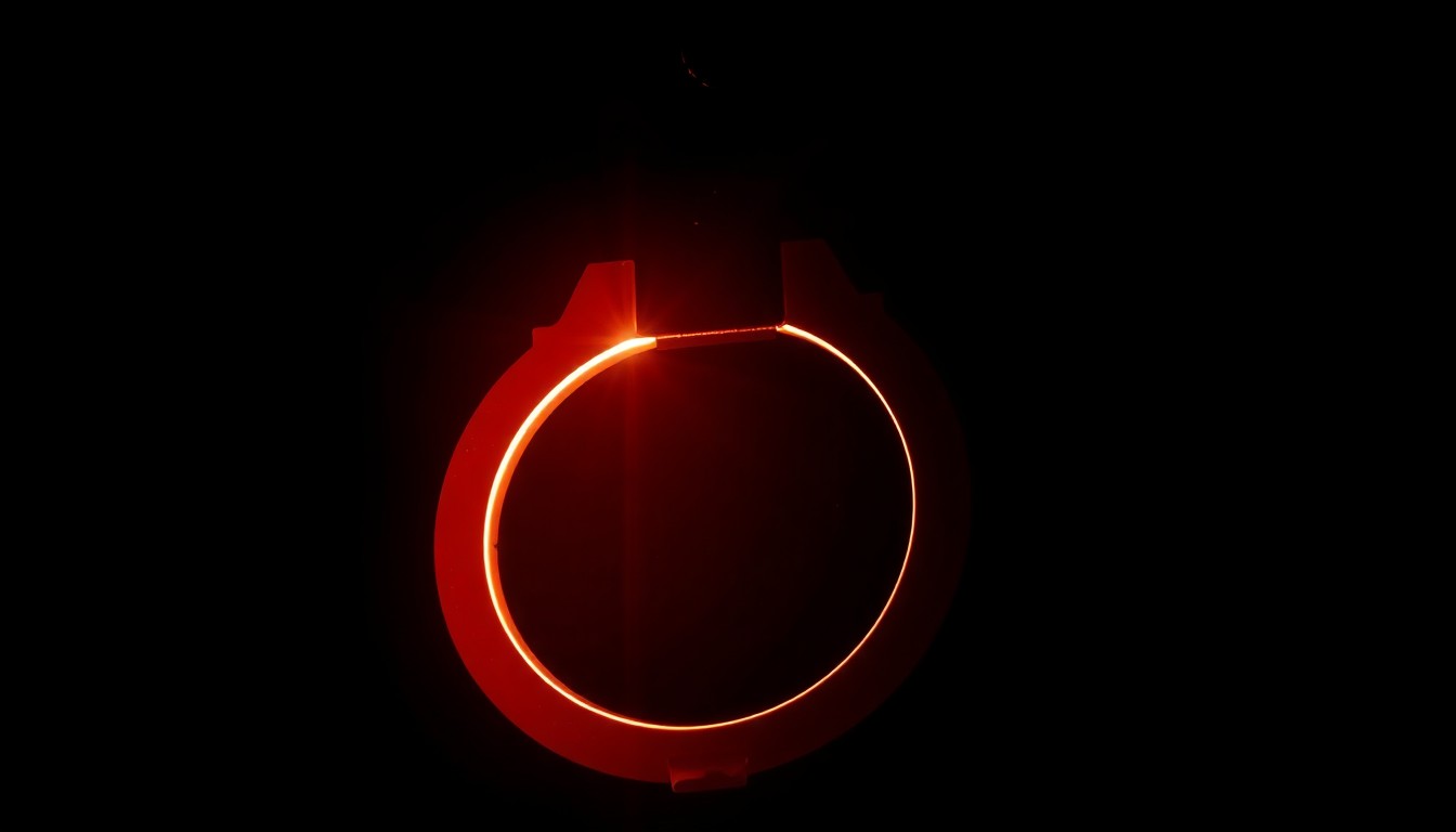 An extreme close-up of a metal handcuff, the harsh lighting and dark background creating a stark, gritty visual that conceptually represents the serious nature of the crime.