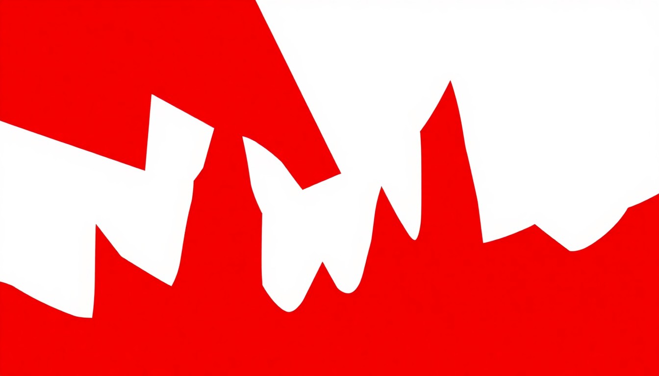 An abstract, minimalist illustration featuring bold, jagged shapes in red and white, conceptually representing the suspense and tension of the thriller film 'Deep Water'.