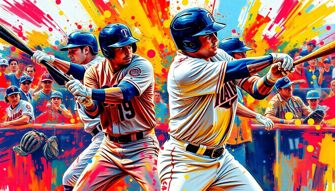 An extreme close-up of a baseball player's bat making contact with the ball, captured in a vibrant, expressionist style with rapid brushstrokes and neon colors, conceptually representing the raw energy and power of the Twins' offensive explosion.