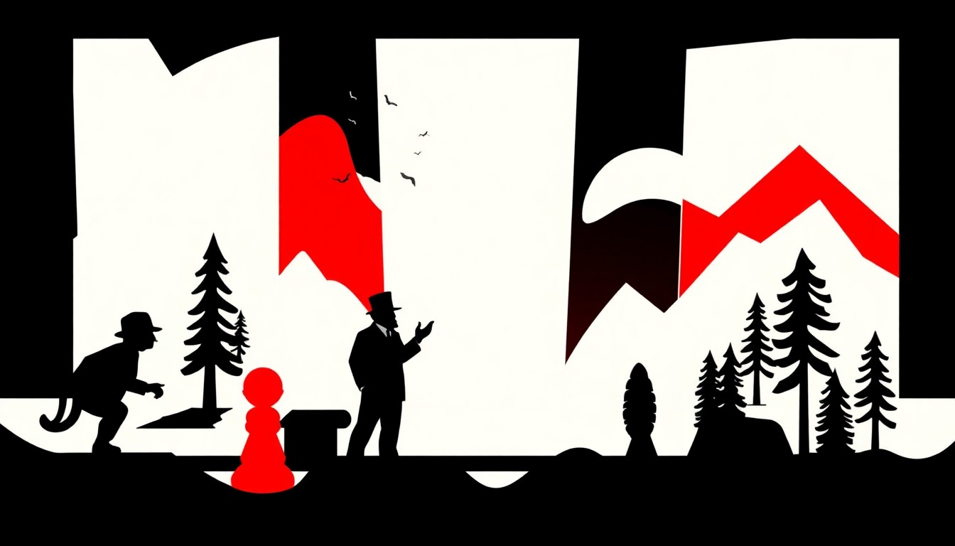 A bold, abstract illustration in the style of Saul Bass, featuring stark black silhouettes of the iconic Monopoly game pieces and board, along with jagged geometric shapes in high-contrast red and white representing recognizable Smoky Mountains landmarks like a mountain peak and a log cabin.