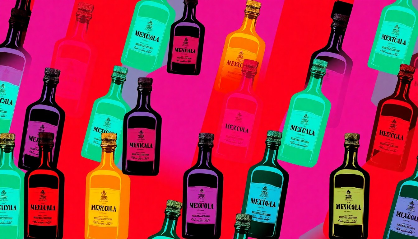 A bold, colorful silkscreen-style illustration featuring a repeating pattern of a single Arbitrario Mezcal bottle, rendered in a vibrant neon color palette with heavy black outlines, creating a striking pop art effect.