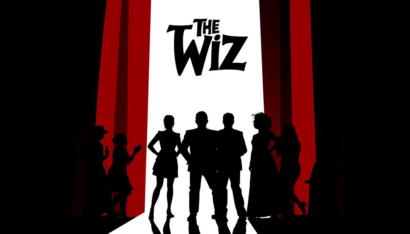 A striking black silhouette of a dancer in a dynamic pose, set against a vibrant red background, conceptually representing the high-energy musical theater production of The Wiz.