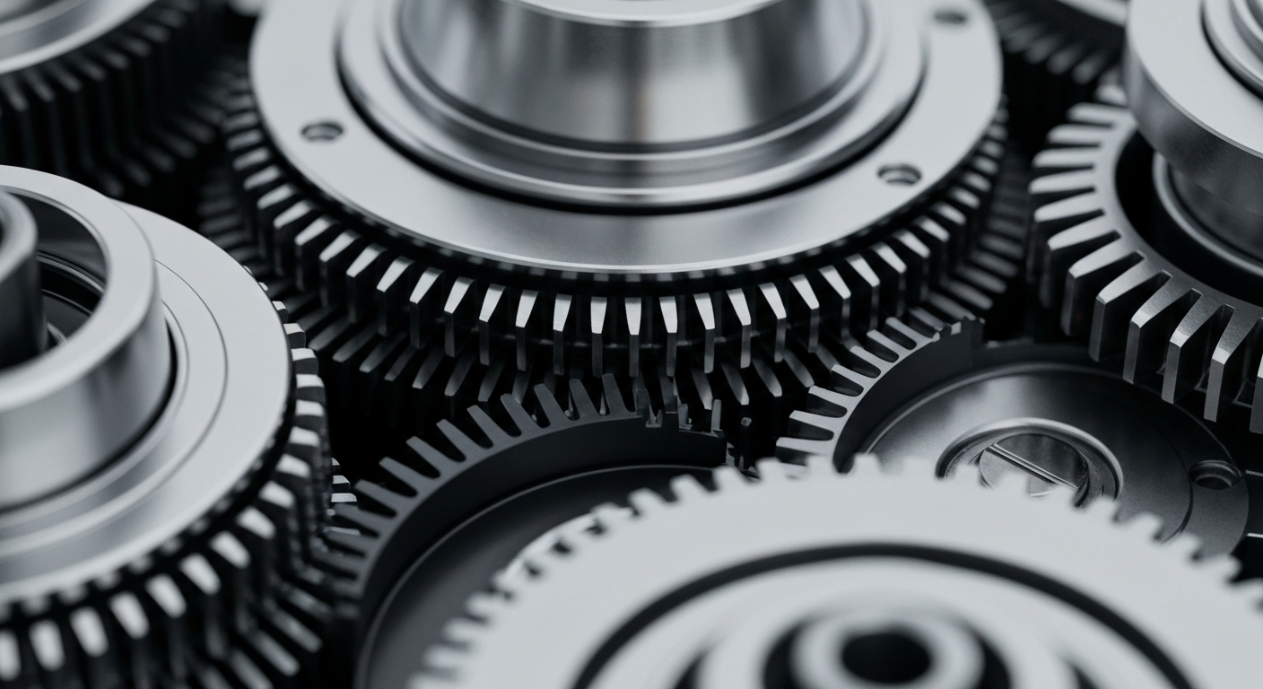 An extreme close-up of intricate, polished metal gears and machinery, conveying the complex financial infrastructure behind blockchain transaction processing.