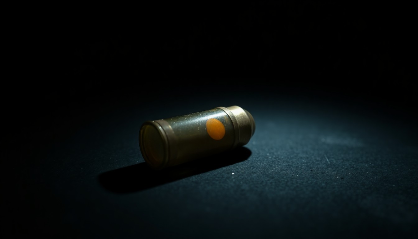 An extreme close-up photograph of a spent shell casing on a dark, shadowy surface, lit by a harsh, direct camera flash, conceptually illustrating the aftermath of a shooting incident.