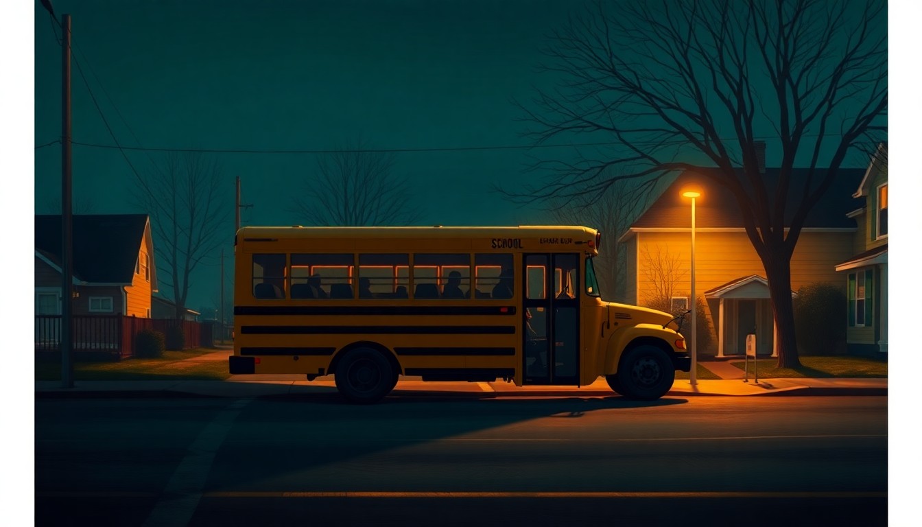 A serene oil painting of a yellow school bus parked on a quiet suburban street, with the vehicle's form and shadows conveying a sense of contemplation and civic responsibility.