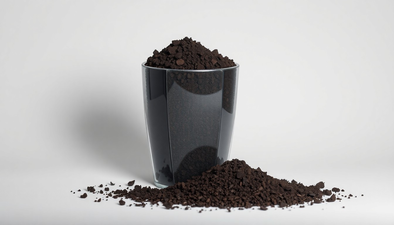 A photorealistic studio still-life image featuring a polished, geometric glass container filled with rich, dark soil samples, symbolizing the value of agricultural data. The container is placed on a clean, monochromatic background, using dramatic lighting and shadows to represent the abstract concepts of data monetization and corporate strategy.