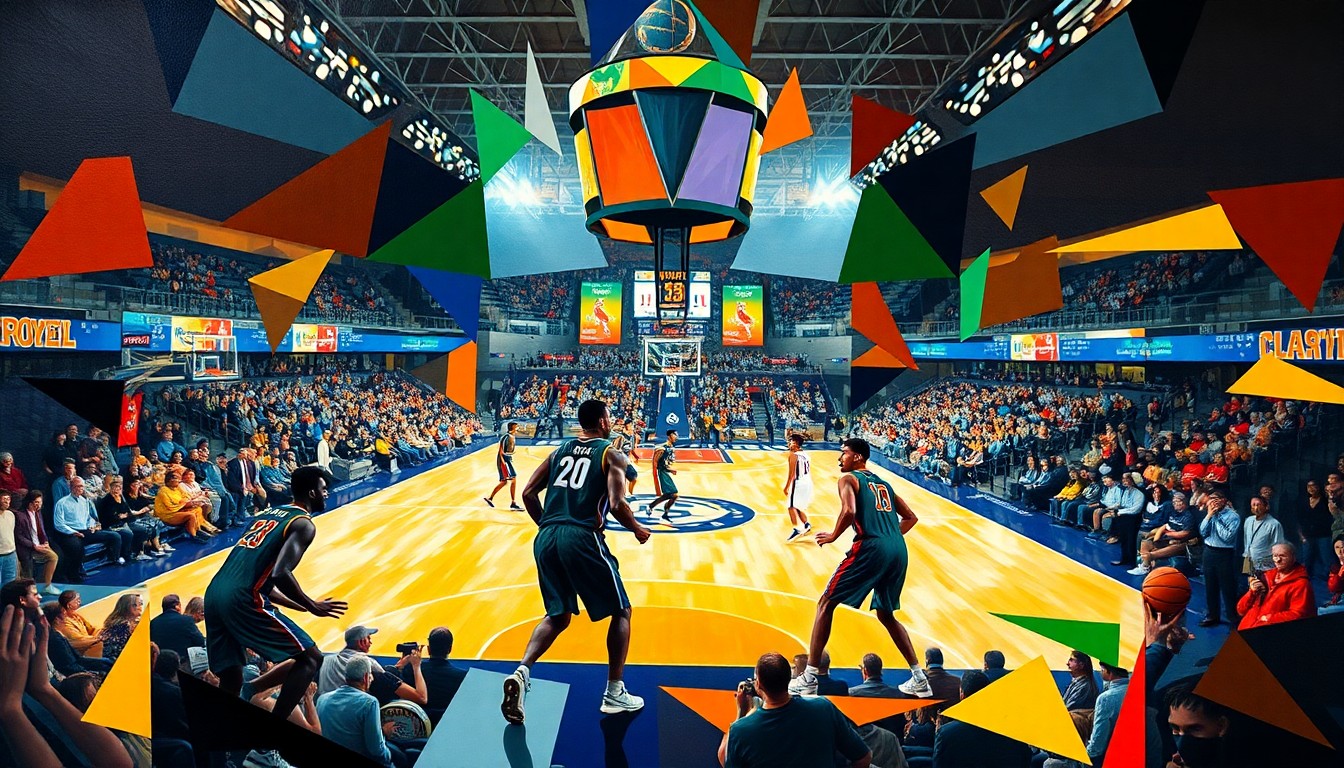 A fractured, multi-perspective painting depicting the abstract forms of college basketball players in motion, with the court and arena fading into the background in a cubist style.
