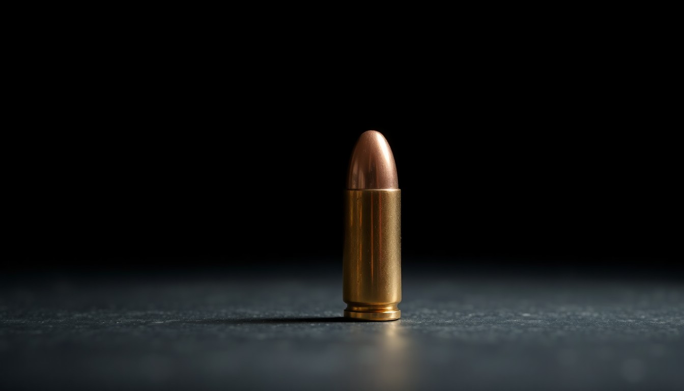 An extreme close-up photograph of a single bullet casing on a dark surface, lit by a harsh camera flash, conceptually representing the violence that claimed Kayla Winfrey's life.