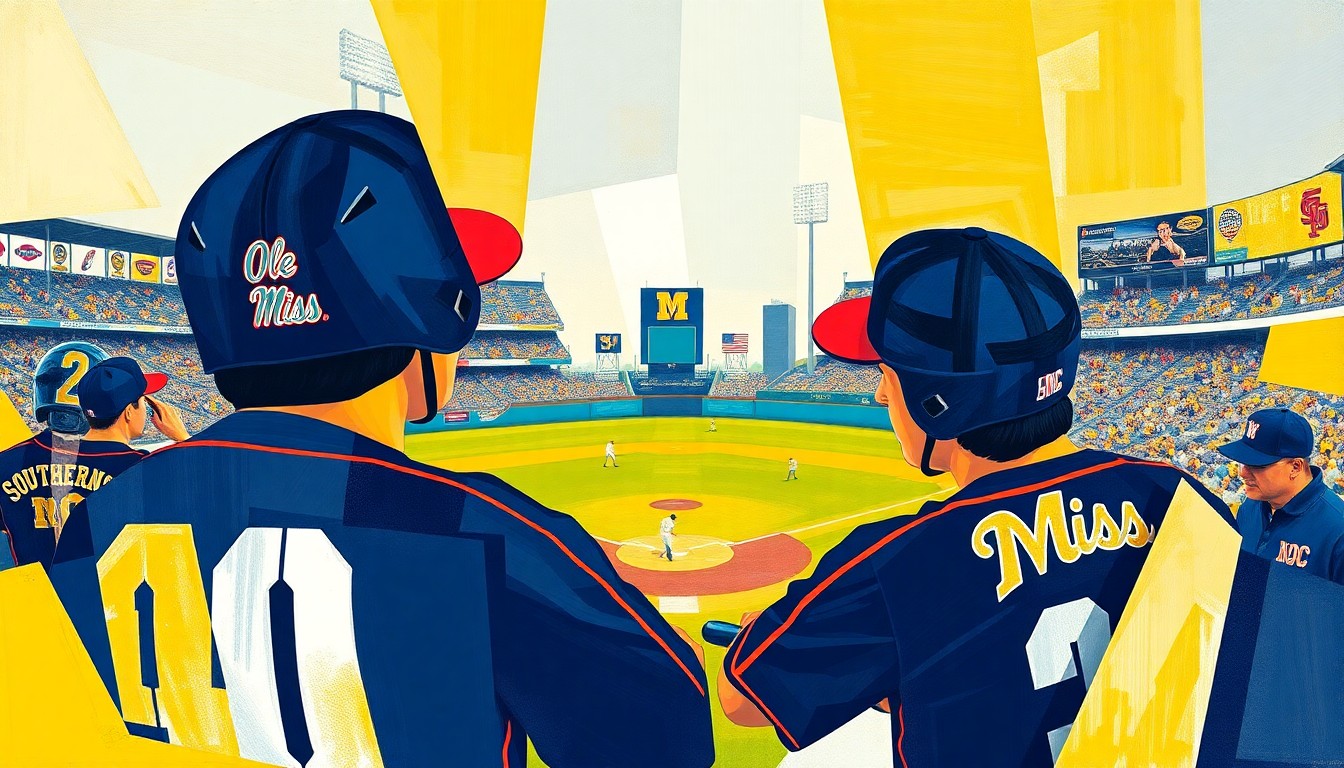 A fragmented, geometric painting in shades of navy, gold, and white, capturing the dynamic energy and competitive spirit of a college baseball game between two talented teams.