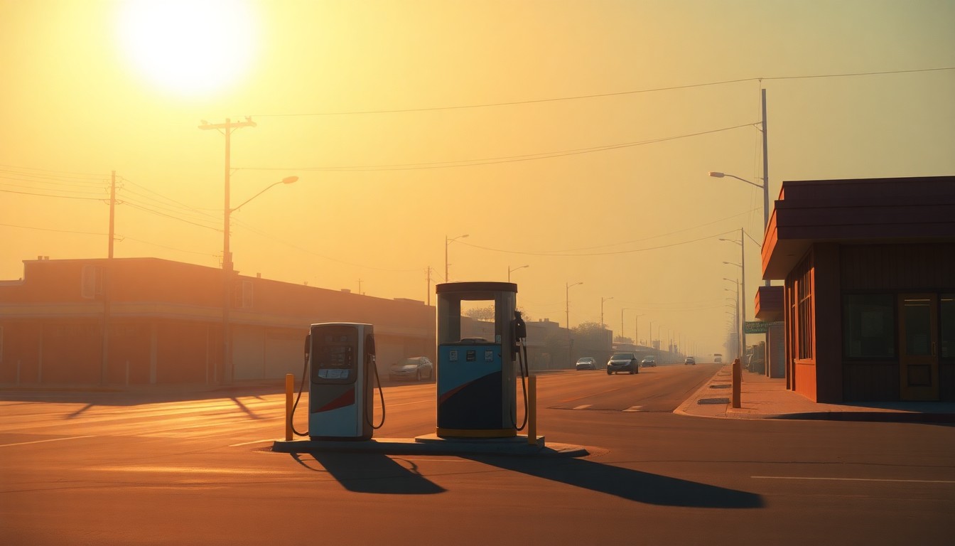 A photorealistic painting of a single gas pump on an empty urban street, with warm sunlight casting long shadows across the pavement, conveying a sense of solitude and economic hardship.