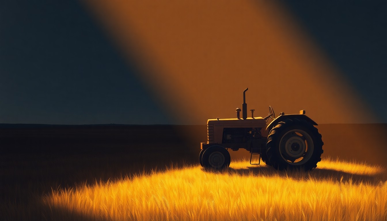 A serene, cinematic painting of a solitary tractor parked in a field, the vehicle's form and shadows creating a sense of contemplative isolation against a backdrop of warm, golden light and deep, moody shadows.