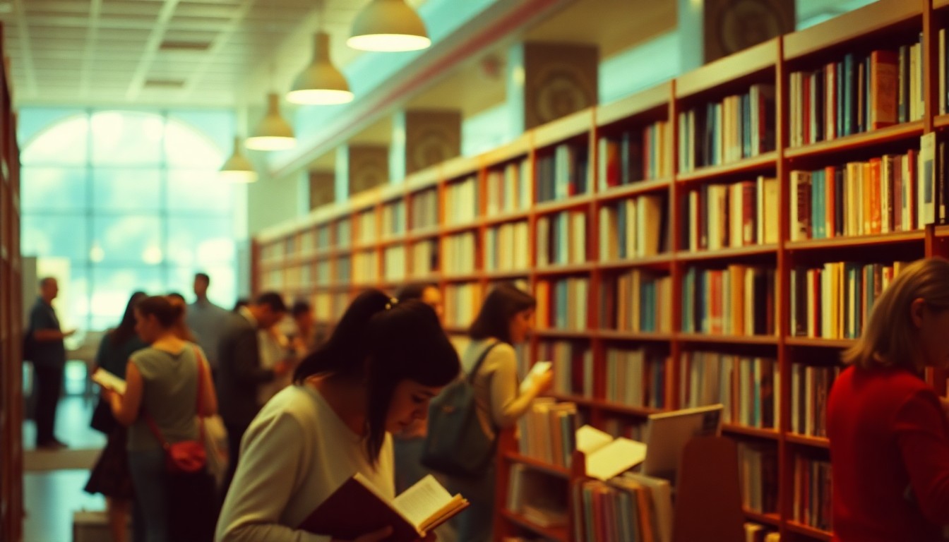 An extremely abstracted, out-of-focus photograph of people browsing bookshelves in a library, composed entirely of soft, warm pools of light and color, conceptually representing the inspirational energy the library staff gained from their professional development experience.