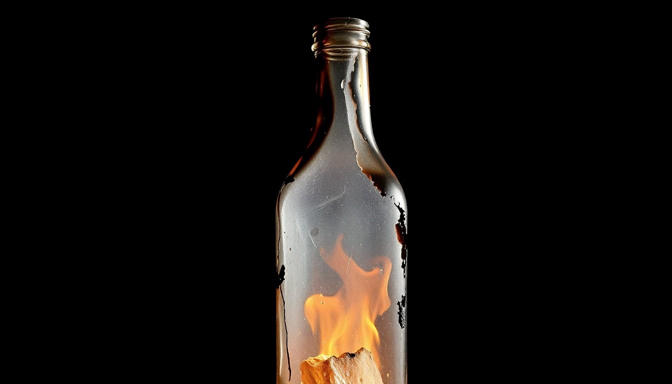 An extreme close-up photograph of a partially melted and charred Molotov cocktail glass bottle, conceptually illustrating the aftermath of an alleged incendiary attack.