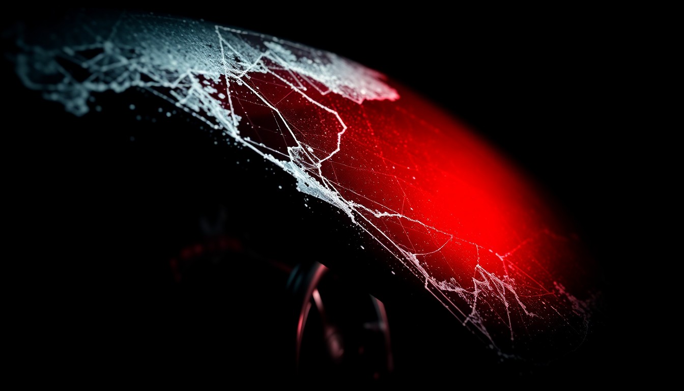 An extreme close-up photograph of a shattered car window or damaged property, lit by a harsh, direct camera flash against a pitch-black background, conceptually representing the aftermath of the 'teen takeover' incidents in Hyde Park.