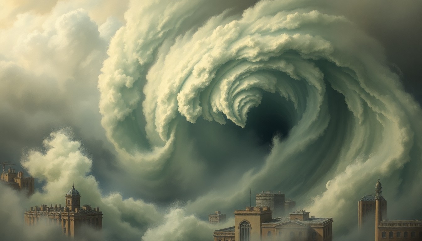 A sweeping, atmospheric landscape painting depicting a massive, churning vortex of water and steam obscuring the details of a cityscape, conveying the overwhelming power of a natural disaster disrupting the urban environment.