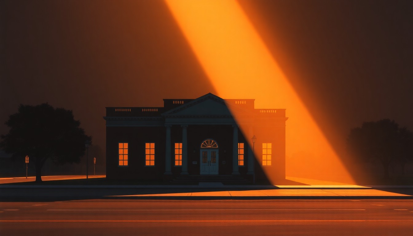 A serene, nostalgic painting of a county courthouse building in warm, golden light, capturing the quiet importance of local government.