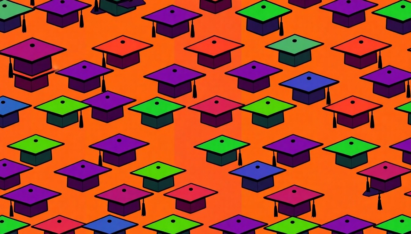 A bold, colorful silkscreen print featuring a repeated icon of a graduation cap in a grid pattern, capturing the celebratory spirit of an educational scholarship event in a modern, artistic style.