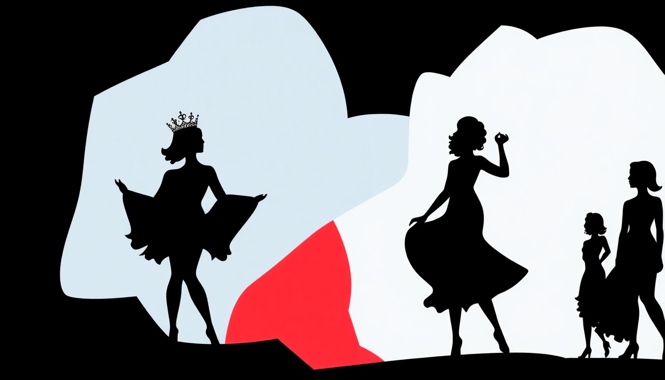 A striking black and white abstract composition featuring jagged, geometric shapes and silhouettes, conceptually representing the themes of beauty pageants, identity, and colorism explored in the new play 'Mercury Makes the Skin Glow'.