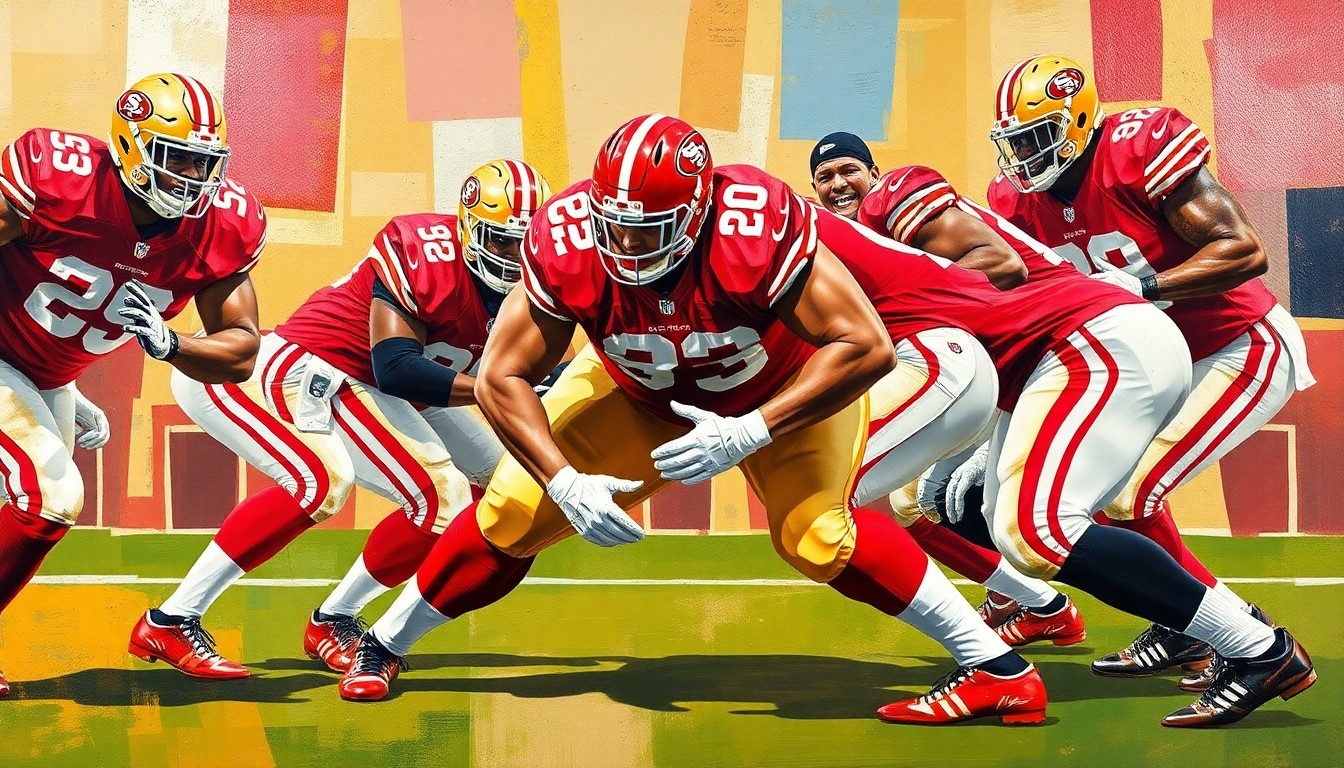 A fractured, cubist-style painting depicting an offensive lineman's blocking technique, with sharp geometric planes in 49ers red and gold colors representing the raw power and athleticism of the position.