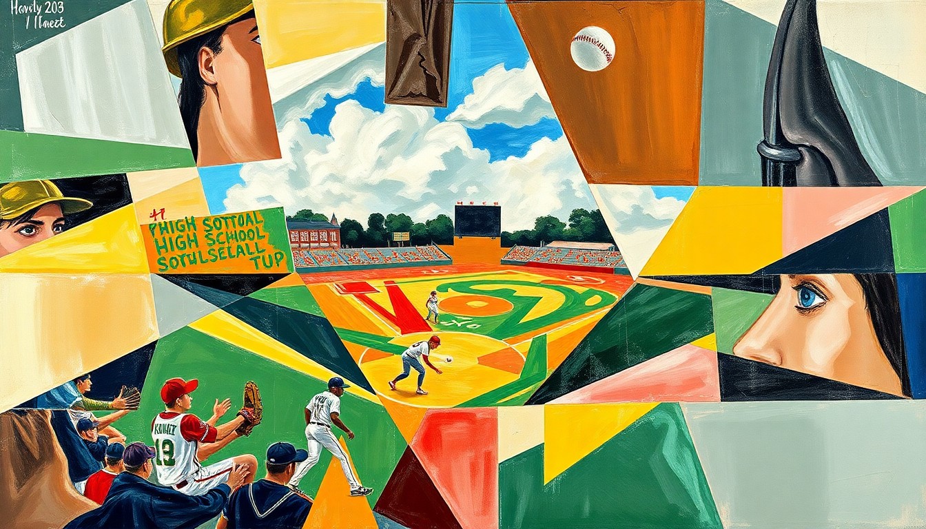 A vibrant, cubist-style painting depicting a high school softball game, with the players and field broken down into sharp, overlapping geometric shapes and planes of color, capturing the energy and movement of the sport.