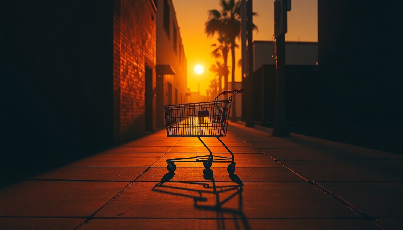 A solitary shopping cart sits abandoned on a dimly lit sidewalk, casting long shadows in the warm, golden light of a setting sun, evoking a sense of urban melancholy and the persistent challenges of homelessness.